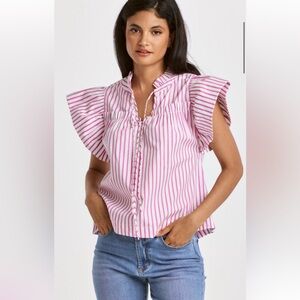 DEAR JOHN Stripe SIENA Ruffle Poplin Top in Pink & white Size